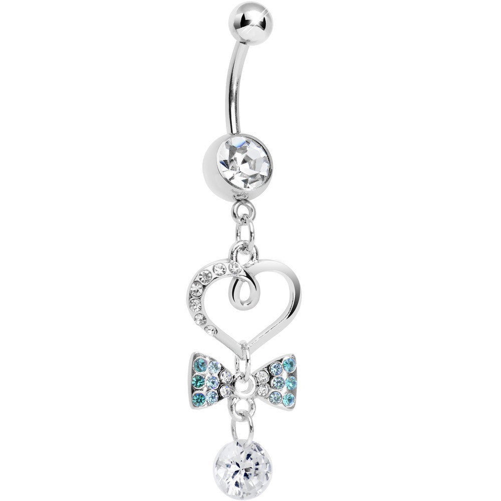 Clear CZ Drop Aqua Gem Bow Half Paved Heart Dangle Belly Ring