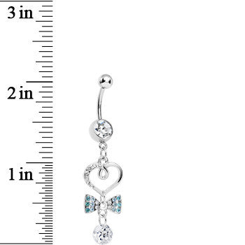 Clear CZ Drop Aqua Gem Bow Half Paved Heart Dangle Belly Ring