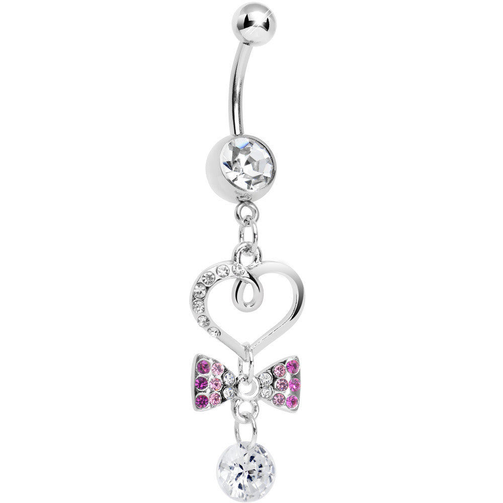 Clear CZ Drop Pink Gem Bow Half Paved Heart Dangle Belly Ring