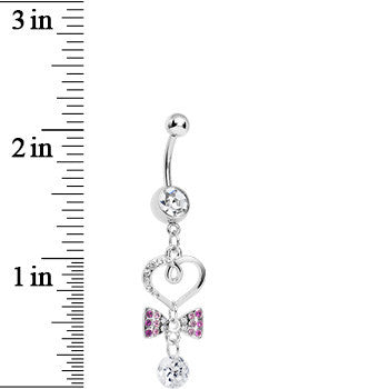 Clear CZ Drop Pink Gem Bow Half Paved Heart Dangle Belly Ring