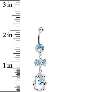 Aqua CZ Drop in a Drop and Sparkling Bow Dangle Belly Ring