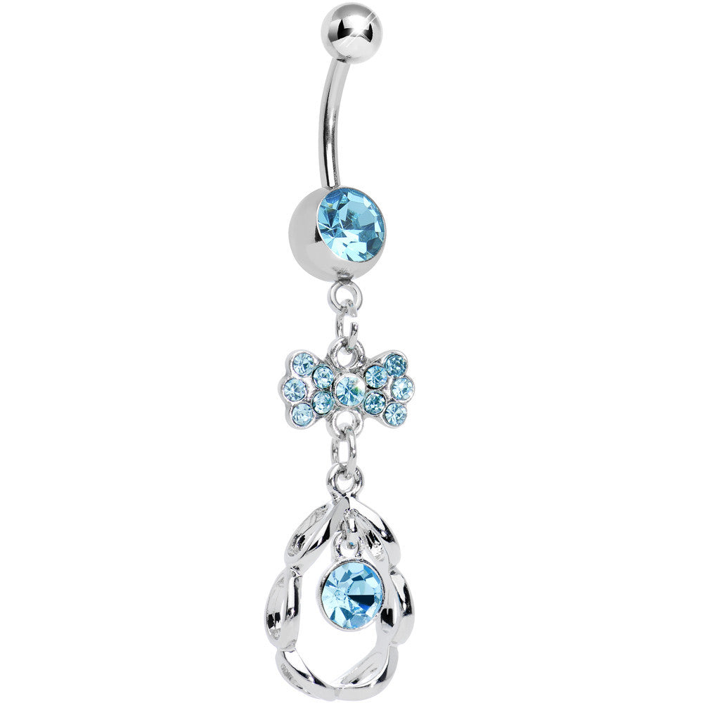 Aqua CZ Drop in a Drop and Sparkling Bow Dangle Belly Ring