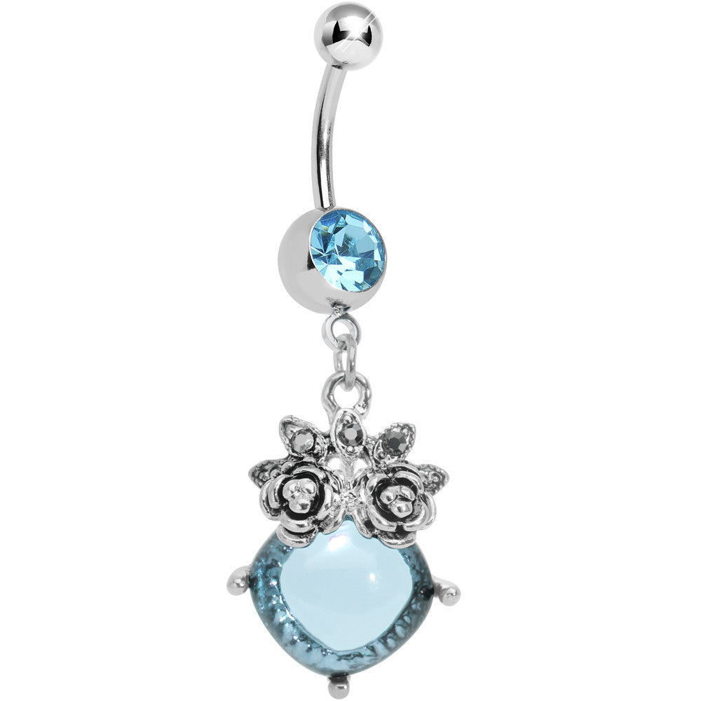 Aqua Gem Luminous Orb Victorian Roses Dangle Belly Ring