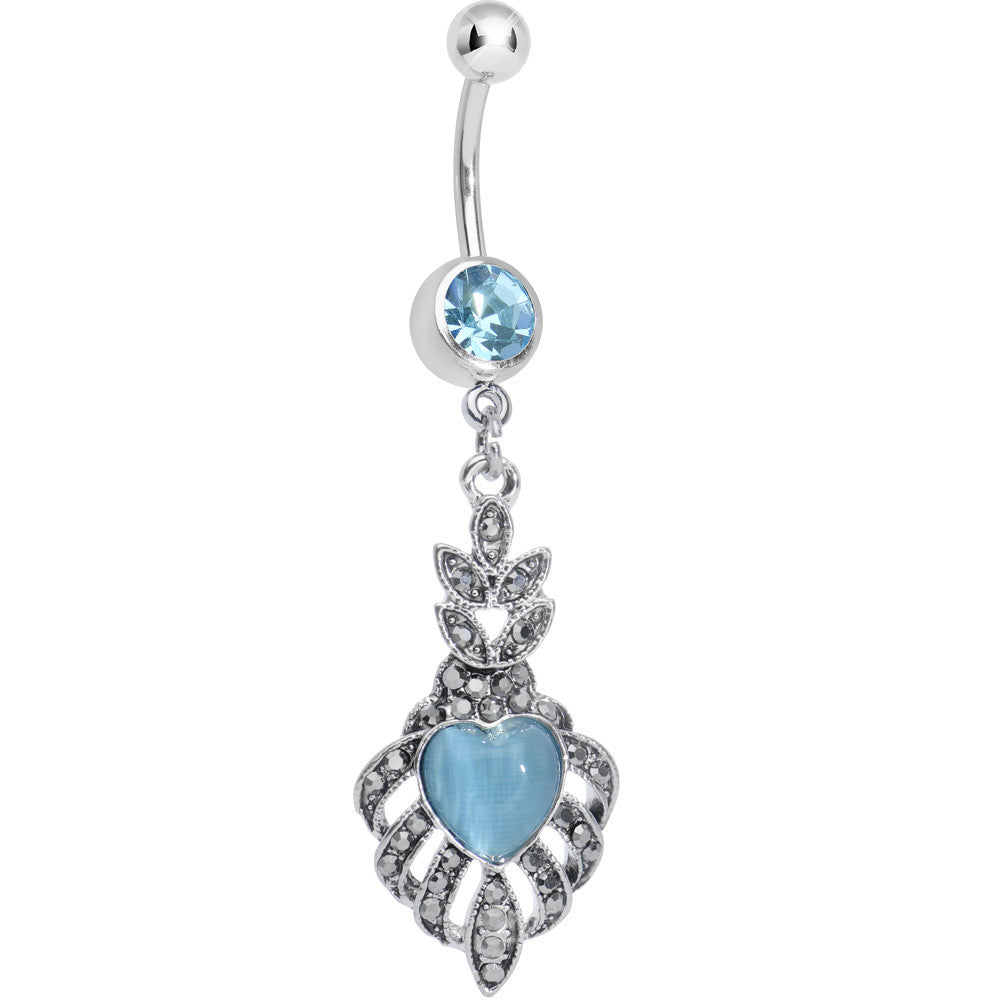 Aqua Gem Royal Blue Heart Dangle Belly Ring