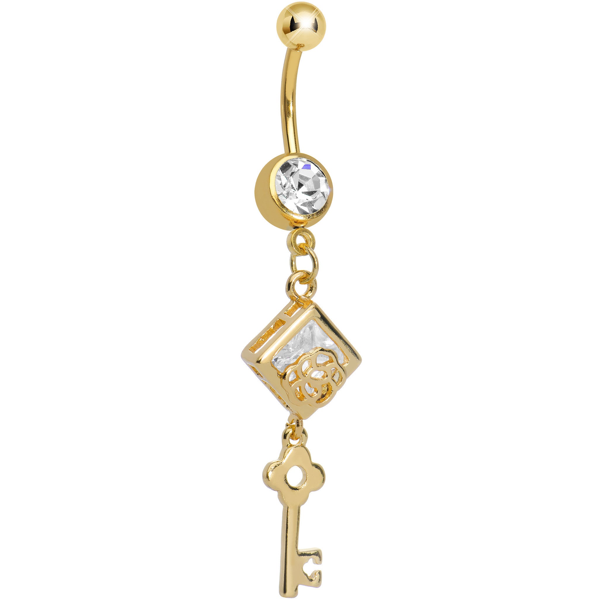 Clear Gem Gold Plated Key to My Diary Dangle Belly Ring