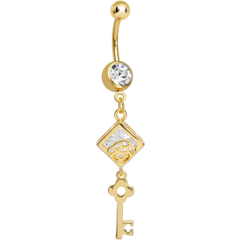 Clear Gem Gold Plated Key to My Diary Dangle Belly Ring