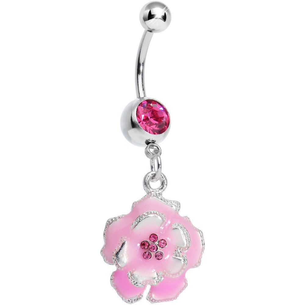 Pink Gem Posy Flower Dangle Belly Ring