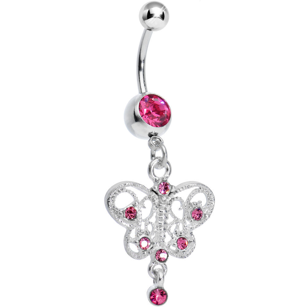 Pink Gem Hollow Butterfly Swirl Dangle Belly Ring