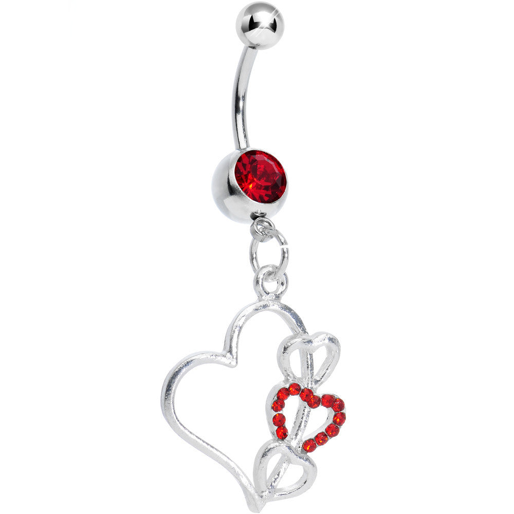 Red Gem Hollow Heart Triple Dangle Belly Ring