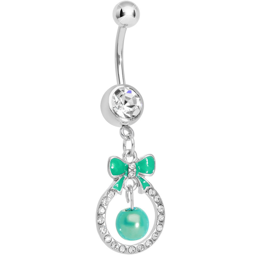 Clear Gem Green Bow Wreathed Faux Pearl Dangle Belly Ring