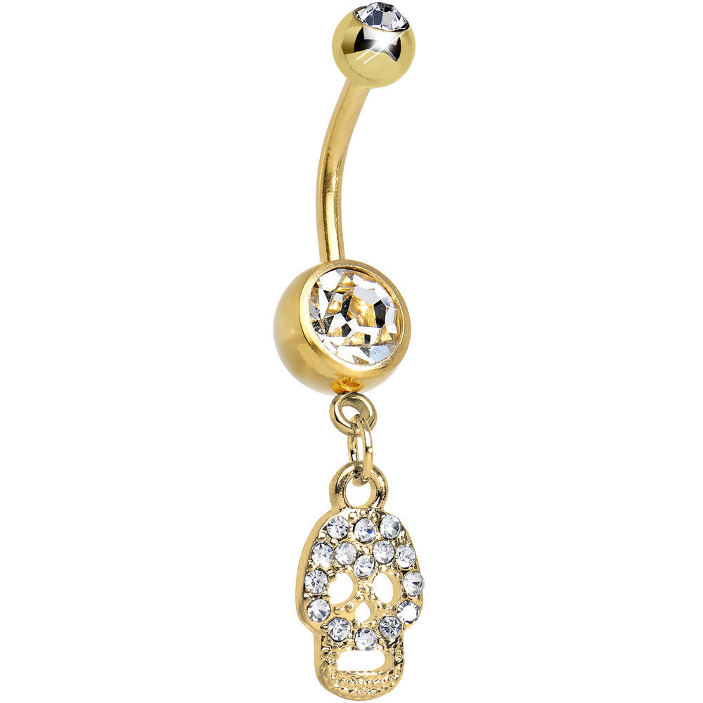 Crystalline Gem Paved Gold Plated Jolly Skull Dangle Belly Ring