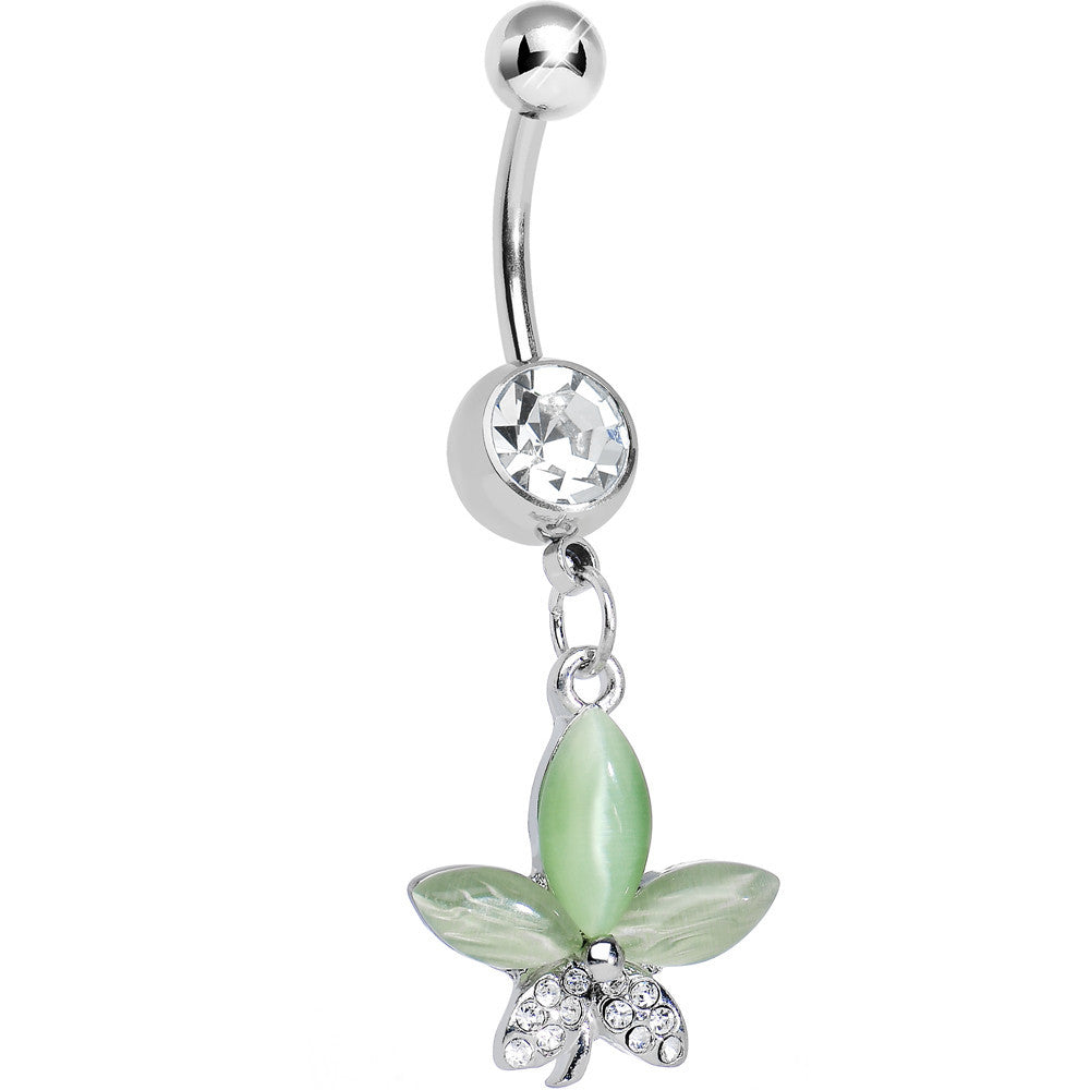 Clear Gem Blooming Green Pearly Flower Dangle Belly Ring