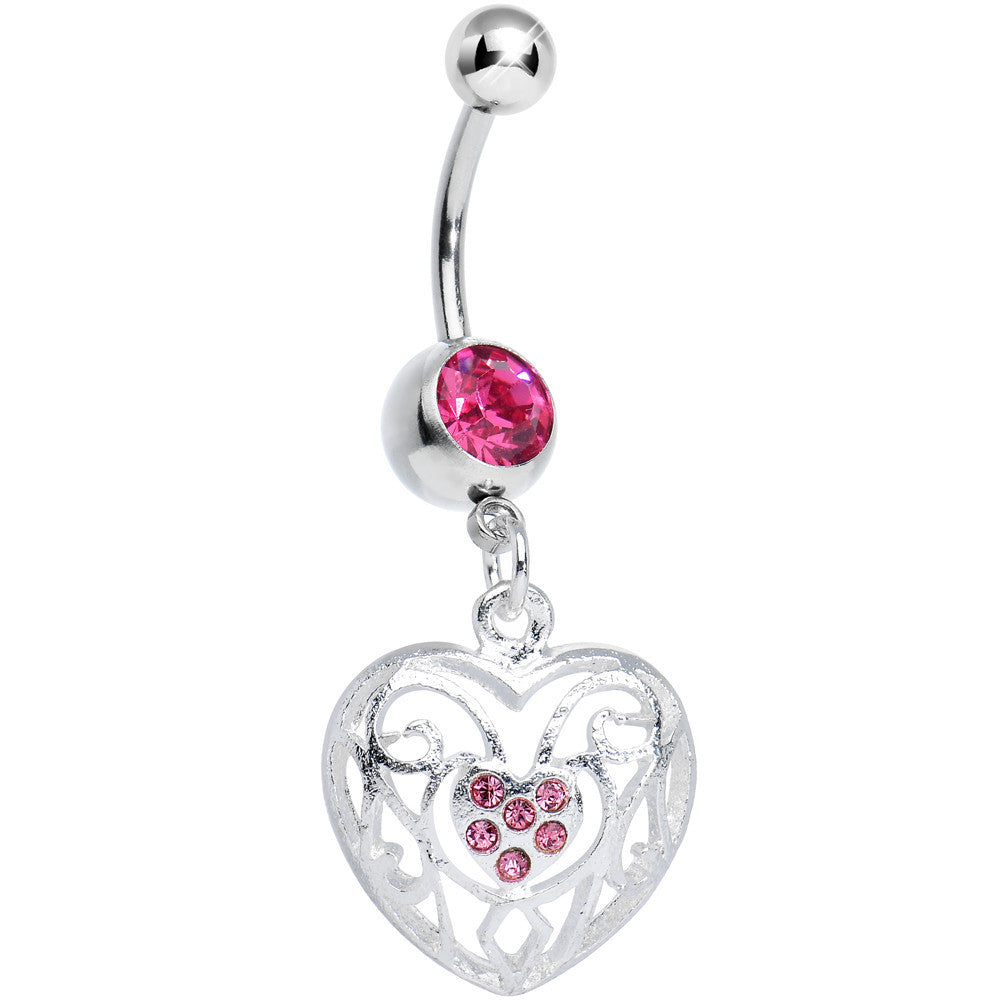 Pink Gem Flattering Hollow Heart Dangle Belly Ring