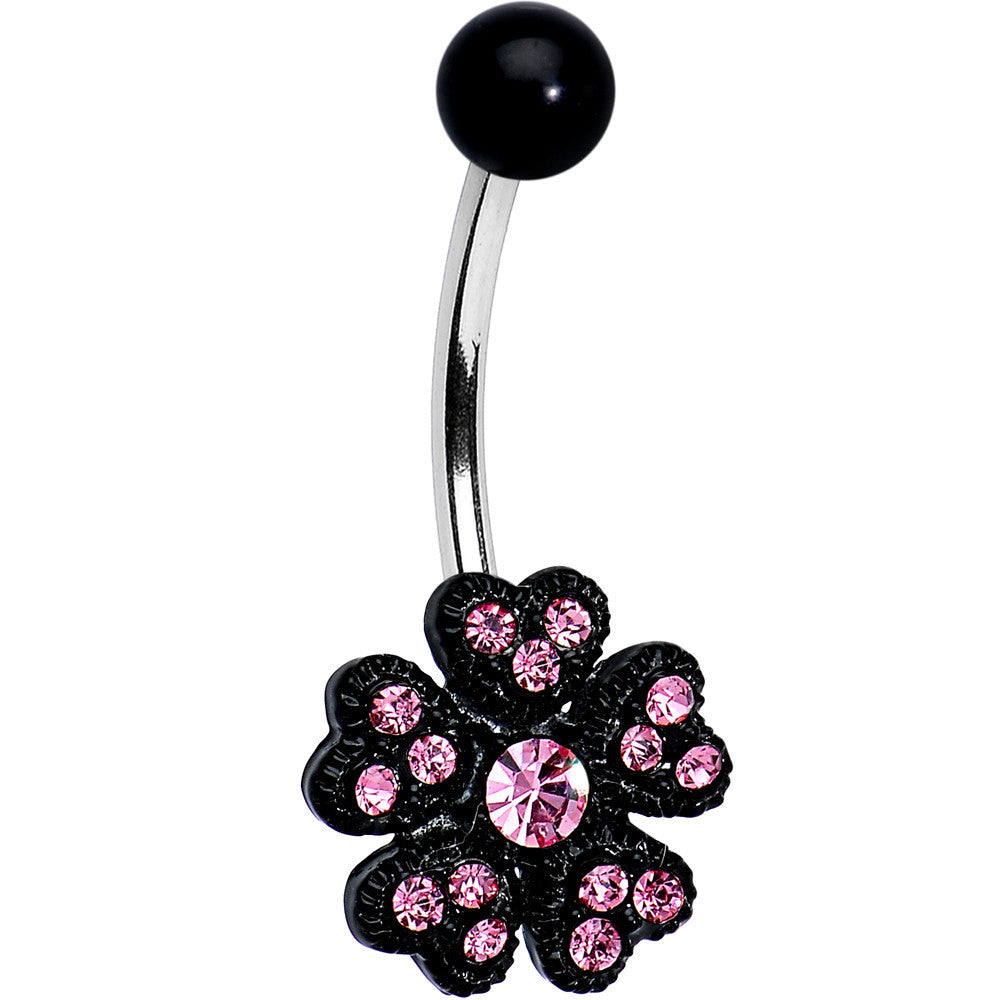 Pink Gem Midnight Black Five Petal Flower Belly Ring