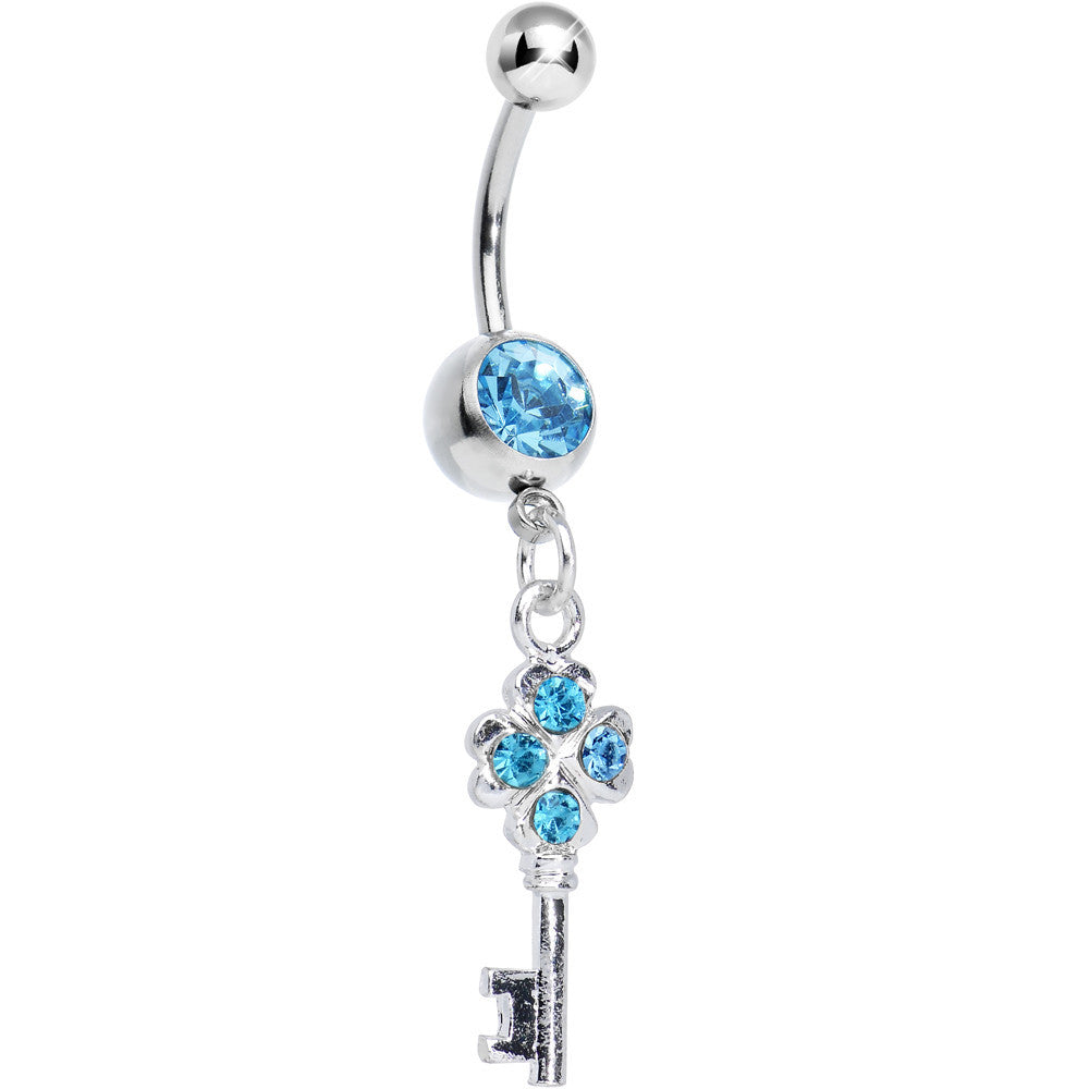 Aqua Gem Antique Magic Heart Key Dangle Belly Ring