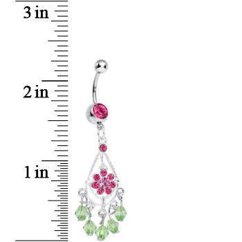 Pink Gem Green Crystal Drops Pink Flower Chandelier Belly Ring