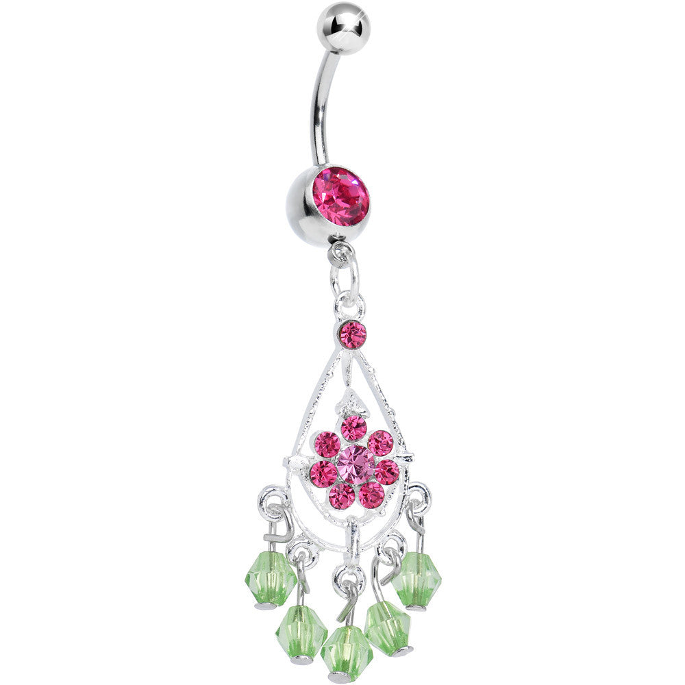 Pink Gem Green Crystal Drops Pink Flower Chandelier Belly Ring