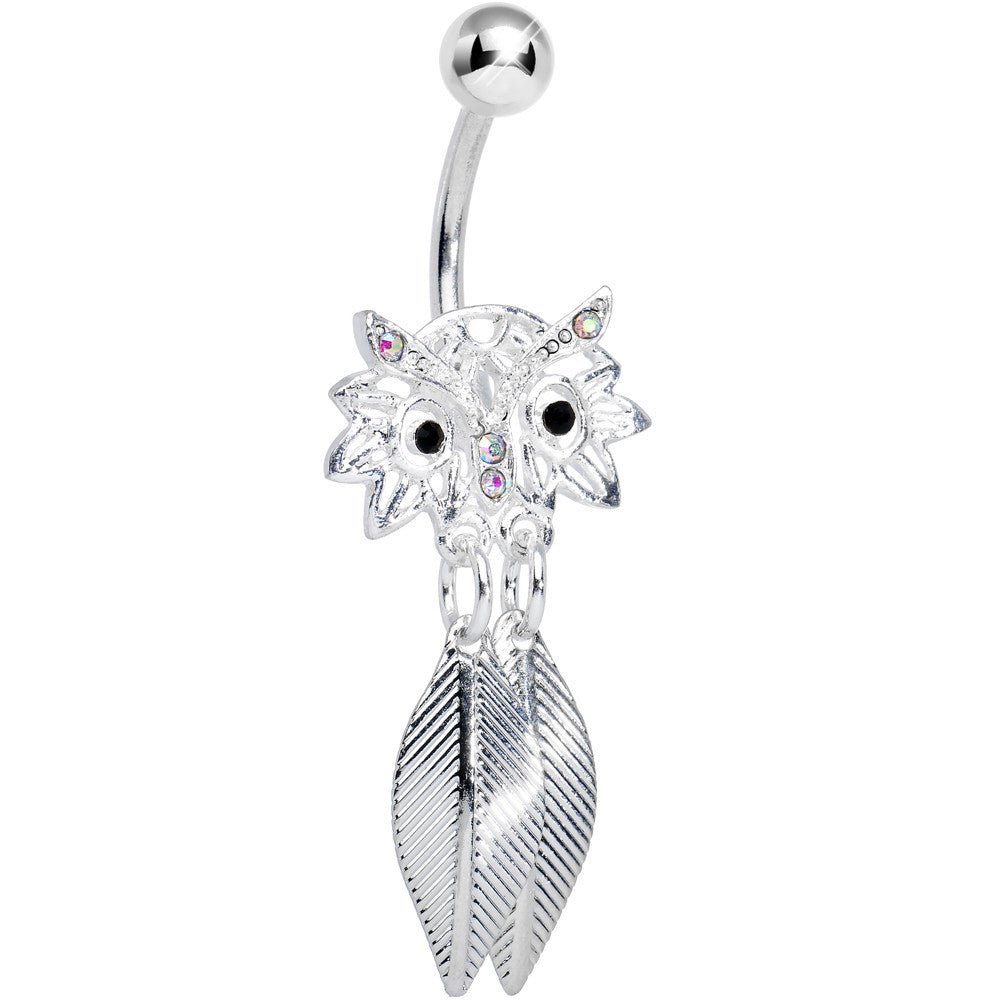 Aurora Gem Gleaming Feathers Surprised Owl Dangle Belly Ring