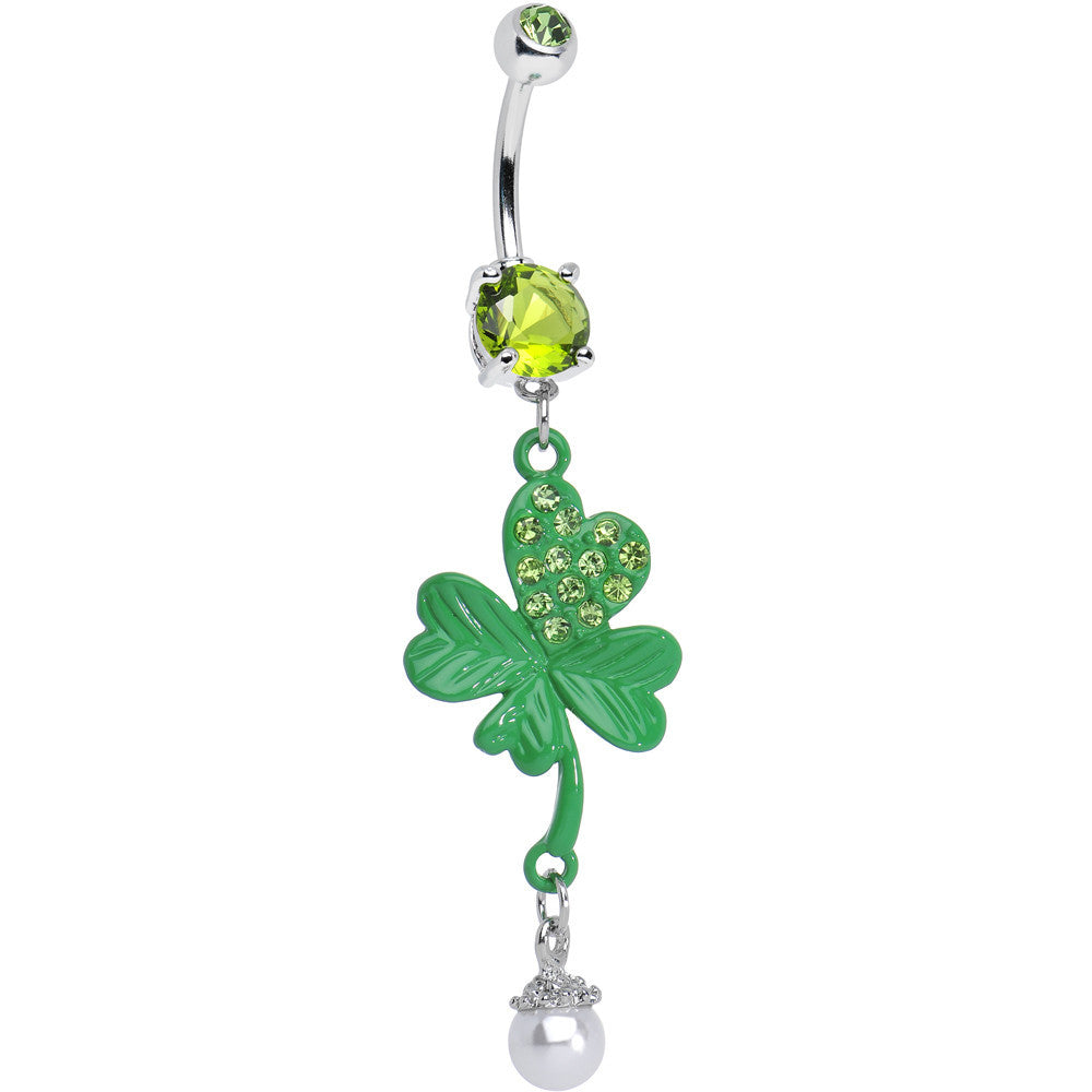 Green Gem Faux Pearl Sparkling Four Leaf Clover Dangle Belly Ring