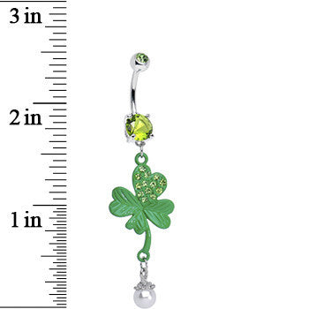 Green Gem Faux Pearl Sparkling Four Leaf Clover Dangle Belly Ring