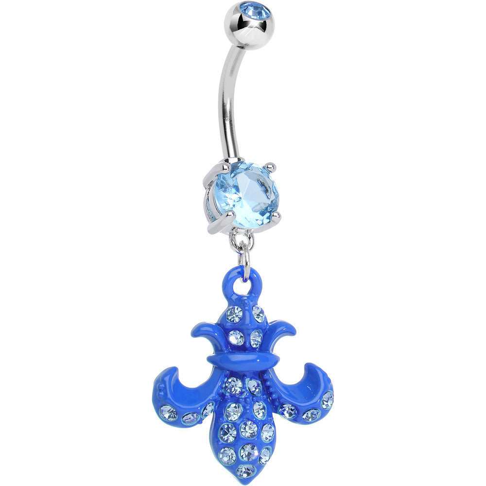 Aqua Gem Bright Blue Flipped Fleur de Lis Dangle Belly Ring