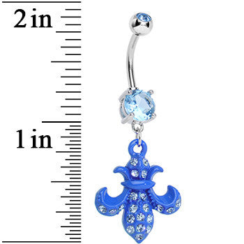 Aqua Gem Bright Blue Flipped Fleur de Lis Dangle Belly Ring