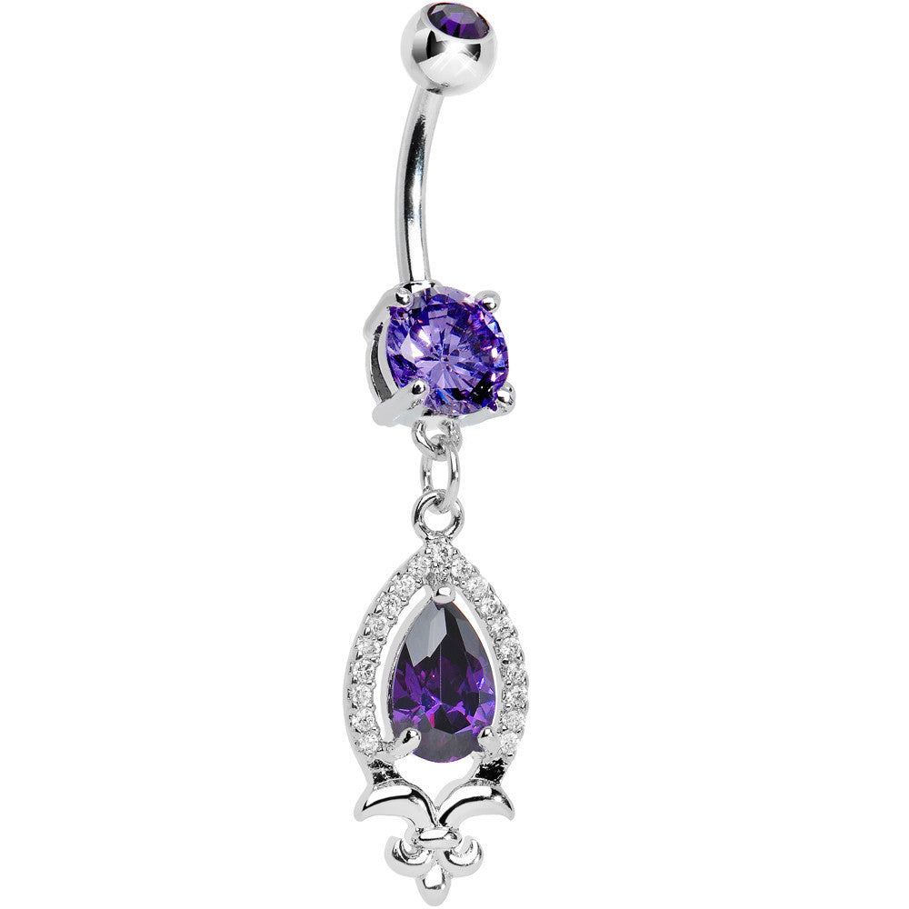 Purple Gem Brilliant Budding Fleur De Lis Dangle Belly Ring