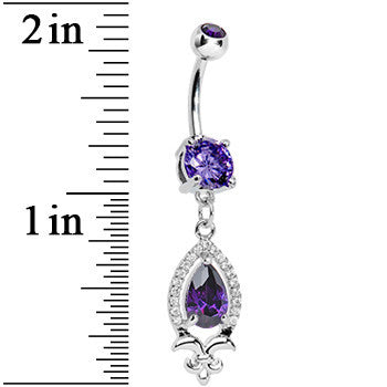 Purple Gem Brilliant Budding Fleur De Lis Dangle Belly Ring