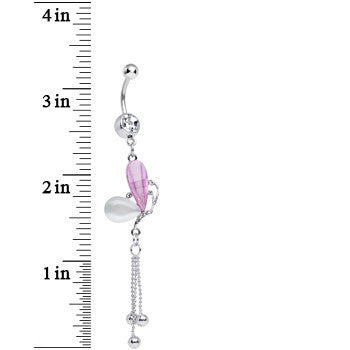 Clear Gem Pink and White Pearlescent Butterfly Dangle Belly Ring