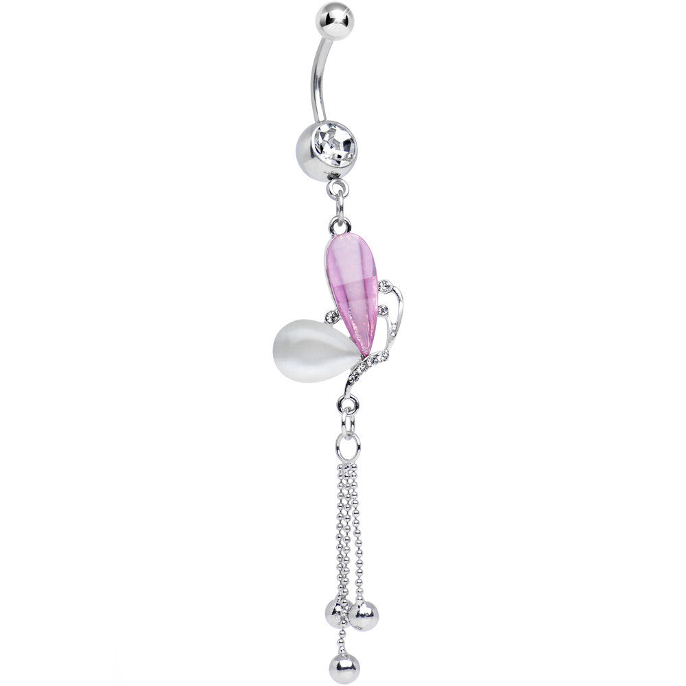 Clear Gem Pink and White Pearlescent Butterfly Dangle Belly Ring