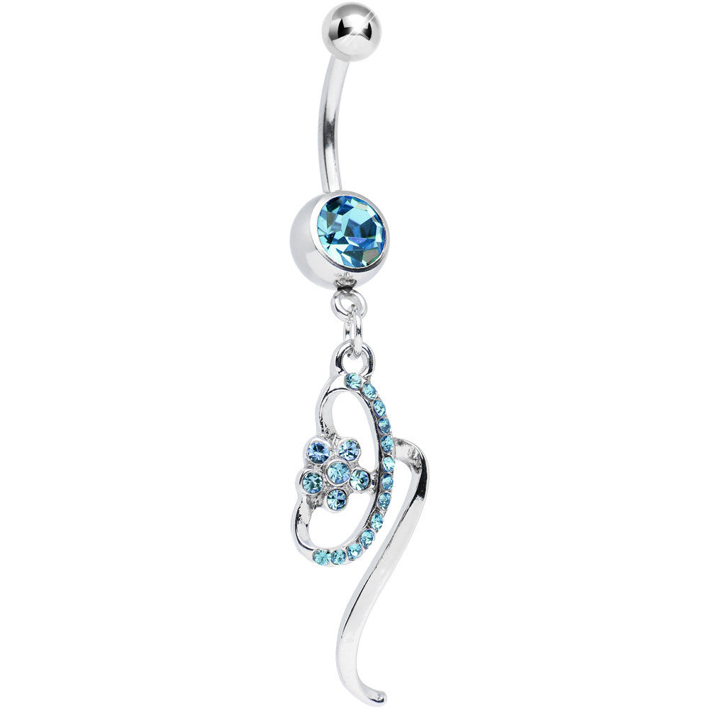 Aqua Gem Twisting Flower Ribbon Dangle Belly Ring