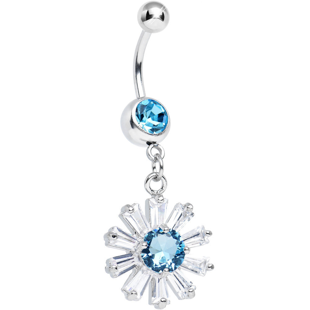 Aqua CZ Clear Crystal Flower Burst Dangle Belly Ring