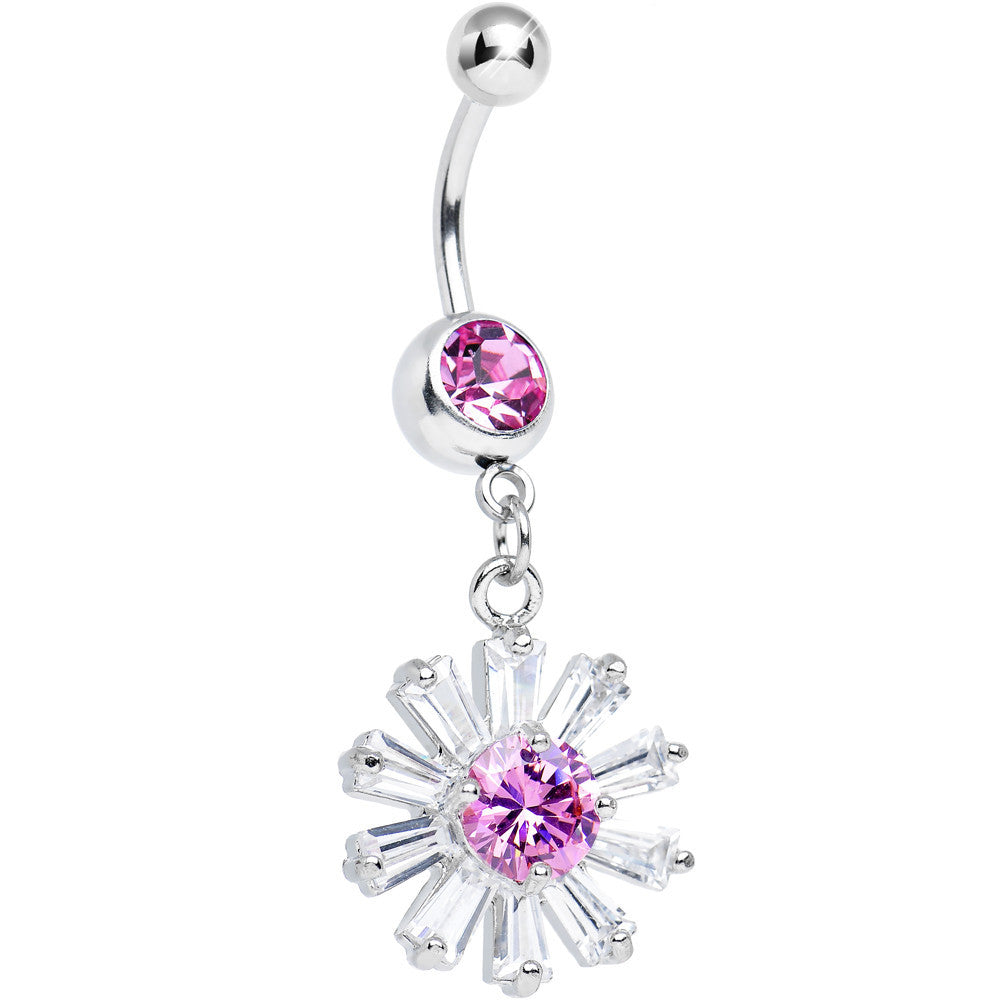 Pink CZ Clear Crystal Flower Burst Dangle Belly Ring