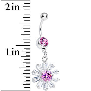 Pink CZ Clear Crystal Flower Burst Dangle Belly Ring