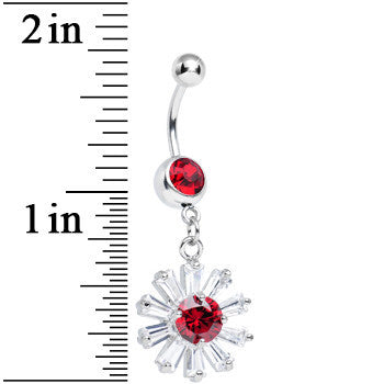 Red CZ Clear Crystal Flower Burst Dangle Belly Ring