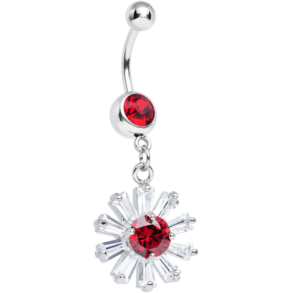 Red CZ Clear Crystal Flower Burst Dangle Belly Ring