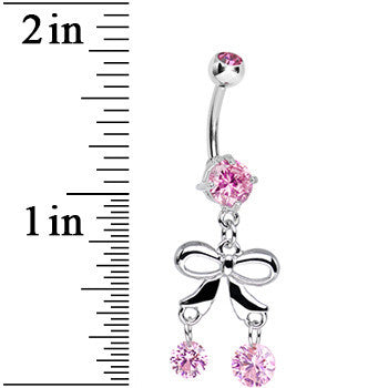 Pink Gem Duo of Round Drops and Bow Dangle Belly Ring