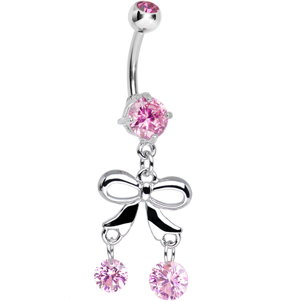 Pink Gem Duo of Round Drops and Bow Dangle Belly Ring