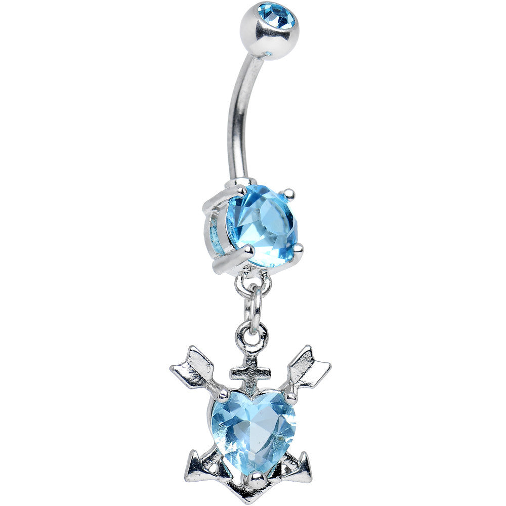 Aqua CZ Faithful Heart Arrow Dangle Belly Ring