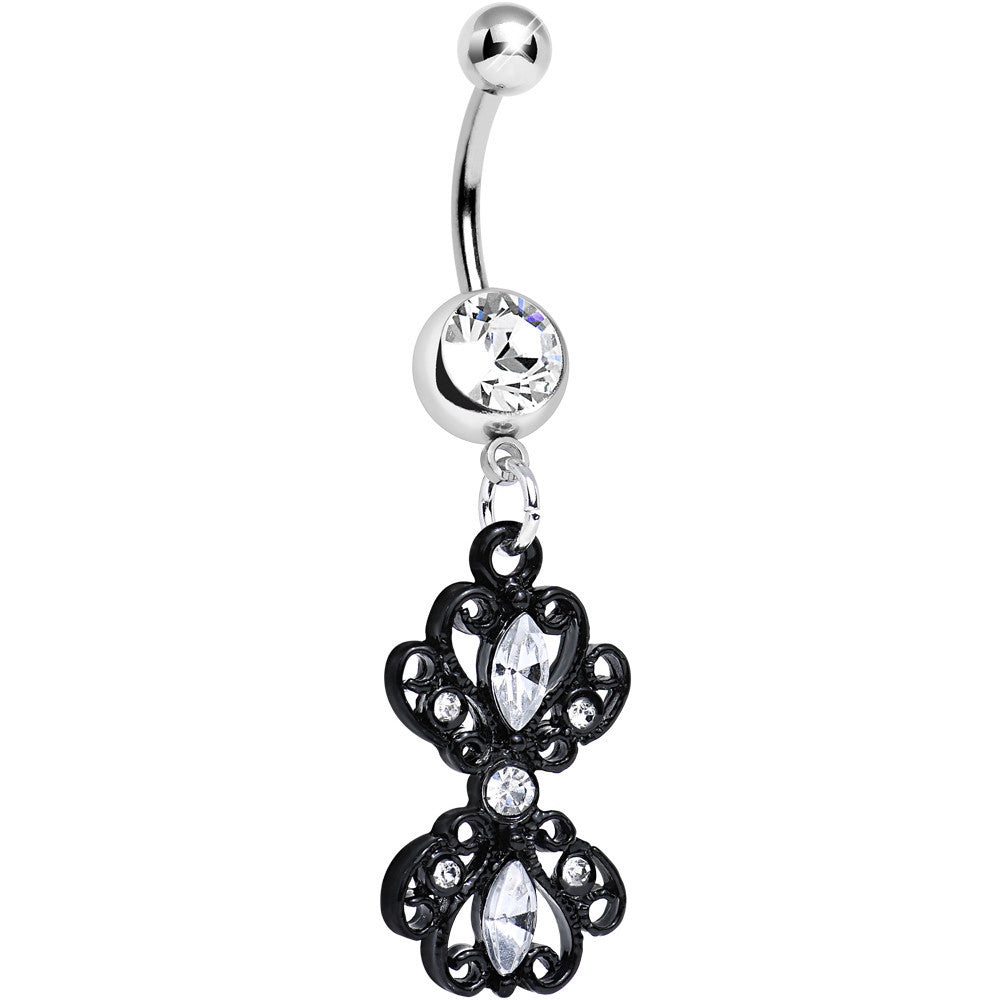 Clear Gem Black Frilly London Lace Dangle Belly Ring