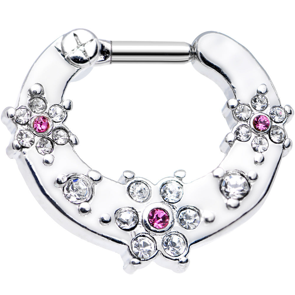 14 Gauge Clear and Pink Gem Flowers Septum Clicker