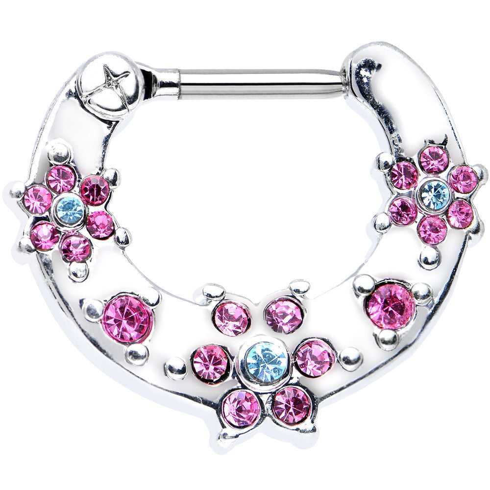 16 Gauge 5/16 Pink Aqua Gem Flowers Septum Clicker