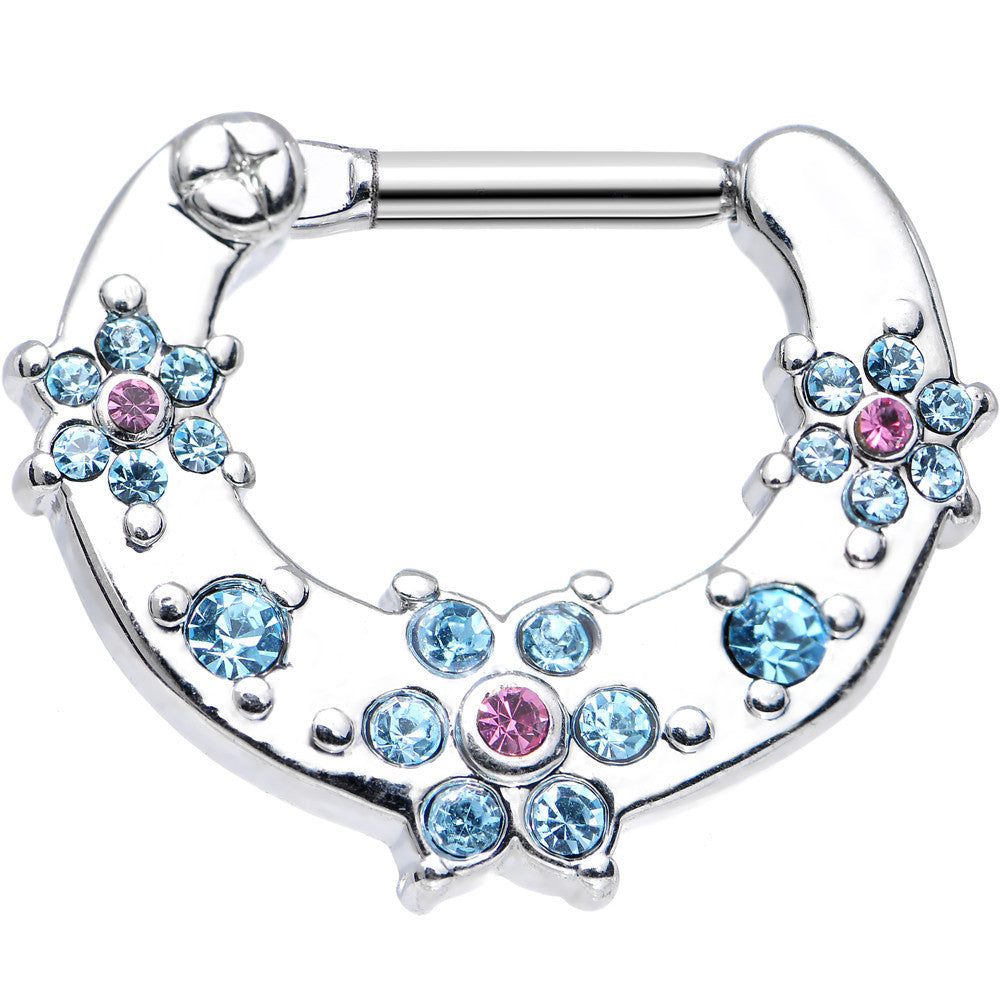 14 Gauge 5/16 Aqua and Pink Gem Flowers Septum Clicker