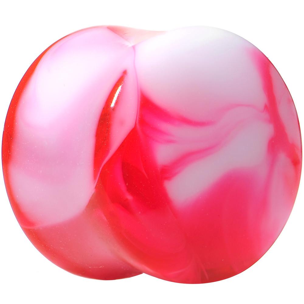 Acrylic Pink and White Marbled Saddle Plug 6 Gauge to 1 Inch