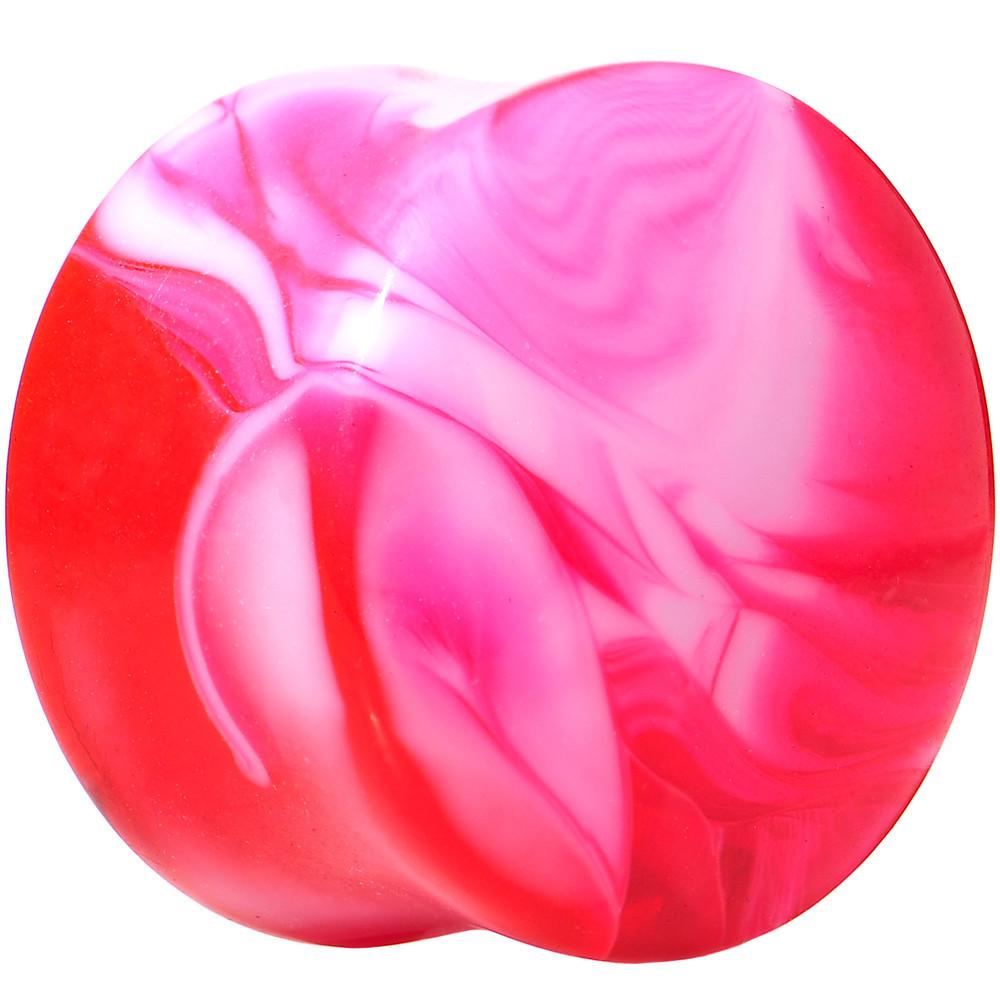 Acrylic Pink and White Marbled Saddle Plug 6 Gauge to 1 Inch