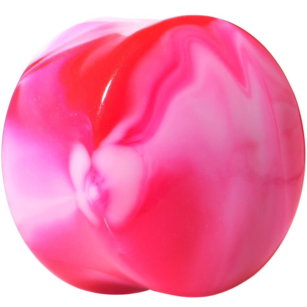 Acrylic Pink and White Marbled Saddle Plug 6 Gauge to 1 Inch