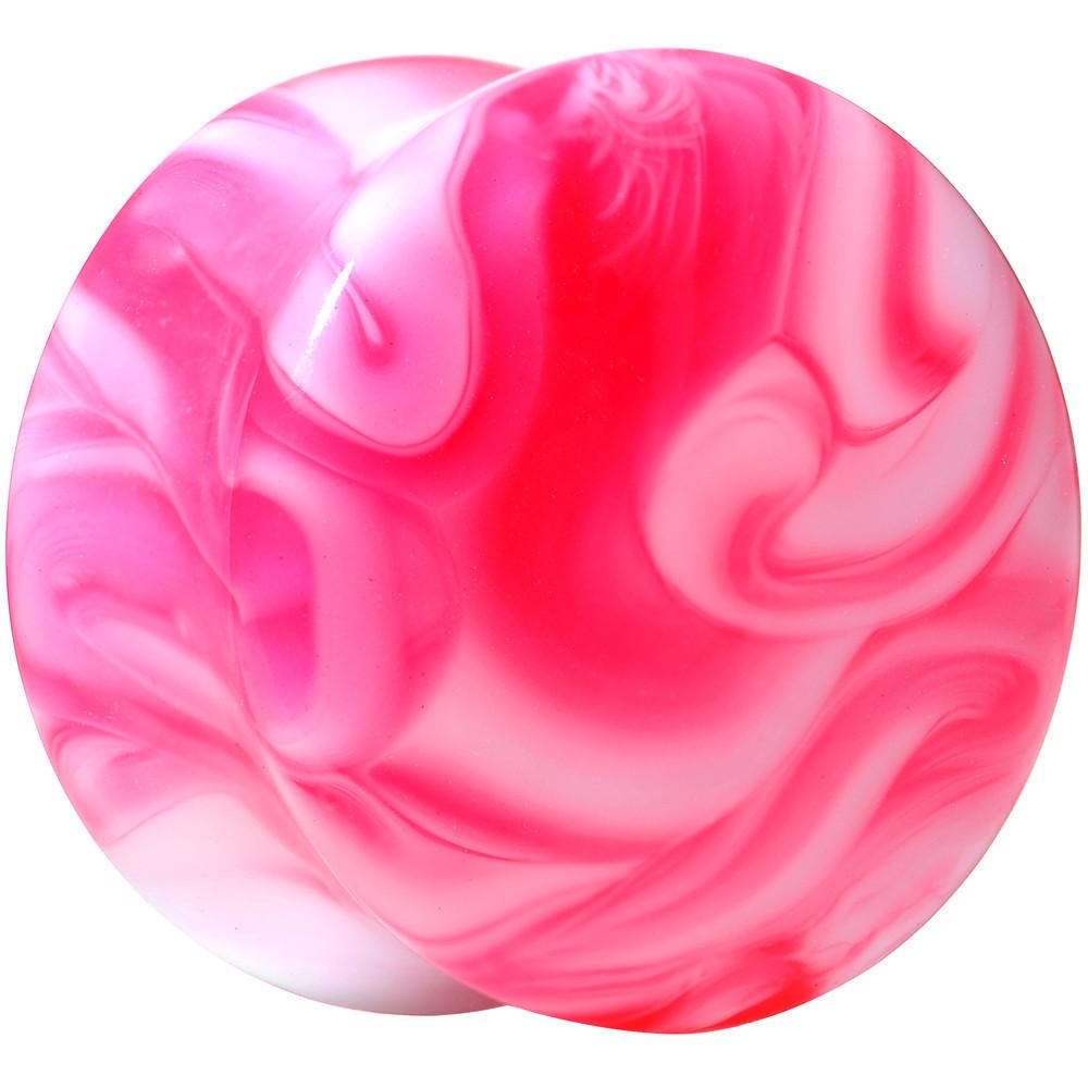 Acrylic Pink and White Marbled Saddle Plug 6 Gauge to 1 Inch