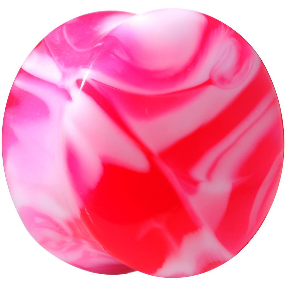 Acrylic Pink and White Marbled Saddle Plug 6 Gauge to 1 Inch