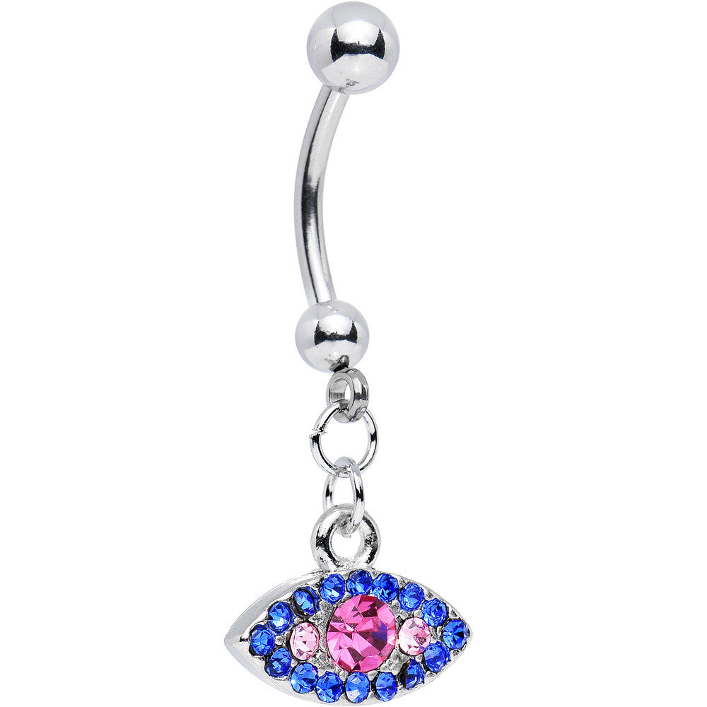 Pink and Blue Gem Enticing Eye Dangle Belly Ring