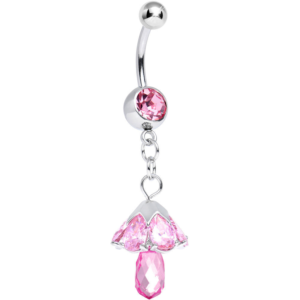 Pink CZ Fairy Mushroom Dangle Belly Ring